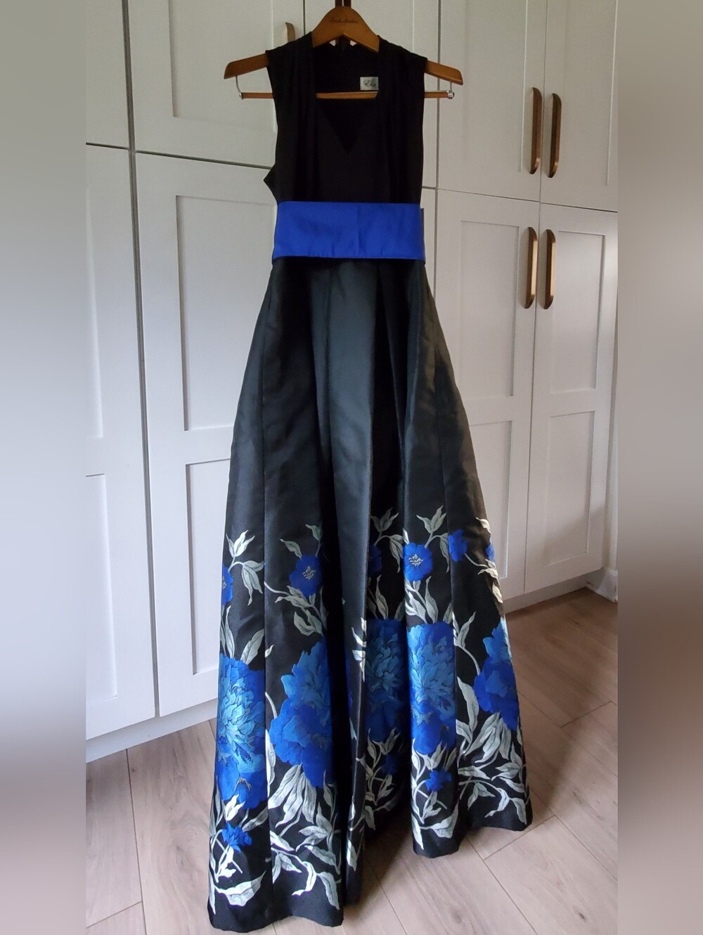 Eliza J Black Full A-Line Gown with Royal Blue Floral Skirt